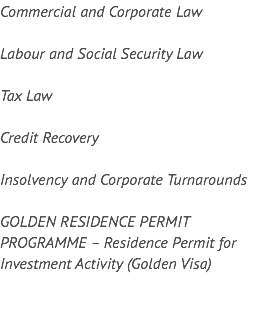 Commercial and Corporate Law Labour and Social Security Law Tax Law Credit Recovery Insolvency and Corporate Turnarounds GOLDEN RESIDENCE PERMIT PROGRAMME – Residence Permit for Investment Activity (Golden Visa)