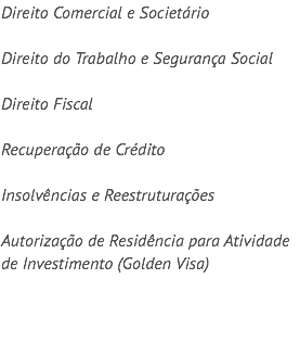 Direito Comercial e Societário Direito do Trabalho e Segurança Social Direito Fiscal Recuperação de Crédito Insolvências e Reestruturações Autorização de Residência para Atividade de Investimento (Golden Visa) 
